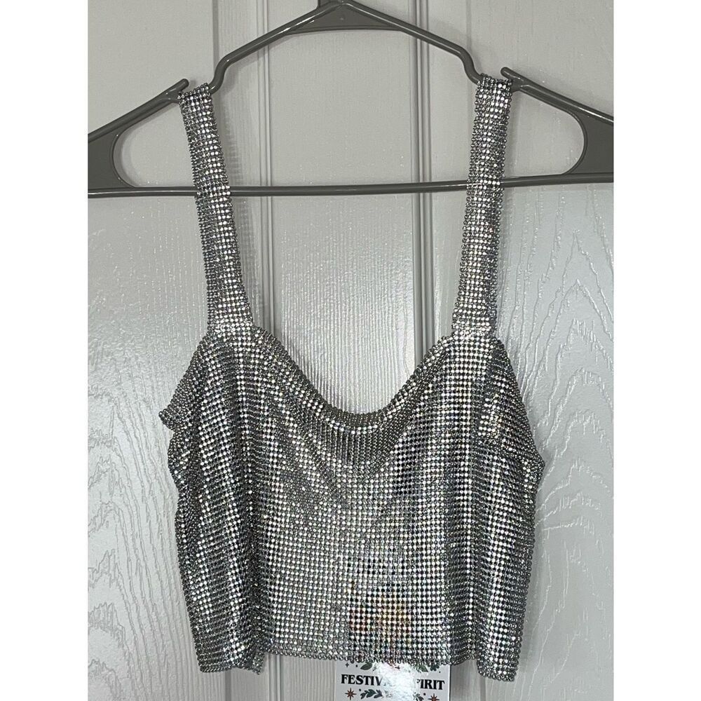 NWT Foreverβ21 silver rhinestone backless cropped top size xs